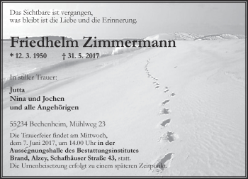 Traueranzeige von Friedhelm Zimmermann von Trauerportal Rhein Main Presse