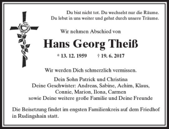 Traueranzeige von Hans Georg Theiß von  Kreisanzeiger