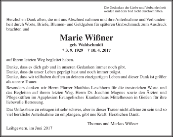 Traueranzeige von Marie Wißner von  Gießener Anzeiger