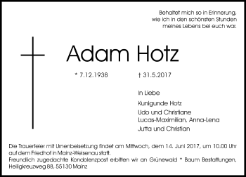 Traueranzeige von Adam Hotz von Trauerportal Rhein Main Presse