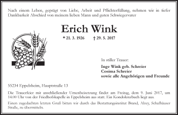 Traueranzeige von Erich Wink von Trauerportal Rhein Main Presse