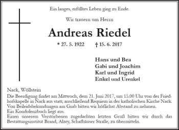 Traueranzeige von Andreas Riedel von Trauerportal Rhein Main Presse
