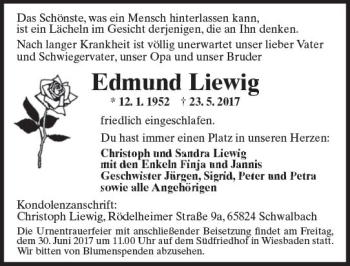 Traueranzeige von Edmund Liewig von Trauerportal Rhein Main Presse