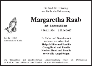 Traueranzeige von Margaretha Raab von Trauerportal Rhein Main Presse