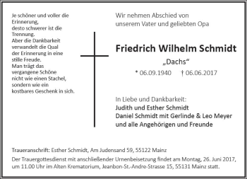 Traueranzeige von Friedrich Wilhelm Schmidt von Trauerportal Rhein Main Presse