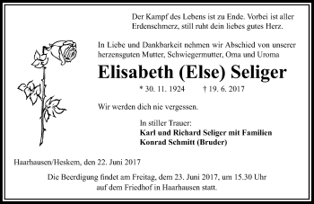 Traueranzeige von Elisabeth Seliger von VRM Trauer