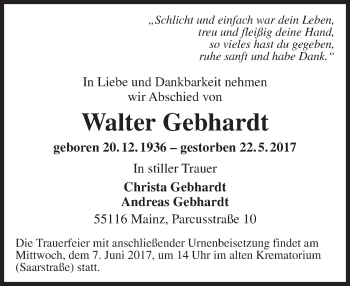 Traueranzeige von Walter Gebhardt von Trauerportal Rhein Main Presse
