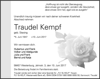 Traueranzeige von Traudel Kempf von Trauerportal Echo Online