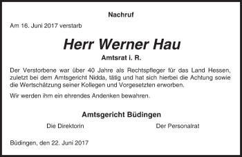 Traueranzeige von Werner Hau von  Kreisanzeiger