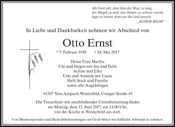 Traueranzeige von Otto Ernst von  Usinger Anzeiger Traueranzeige von Otto Ernst von  Usinger Anzeiger