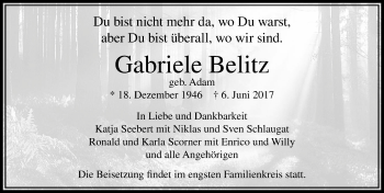 Traueranzeige von Gabriele Belitz von  Usinger Anzeiger
