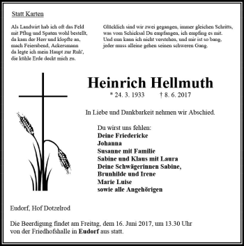 Traueranzeige von Heinrich Hellmuth von VRM Trauer