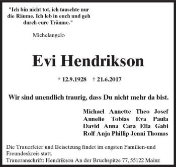 Traueranzeige von Evi Hendrikson von Trauerportal Rhein Main Presse