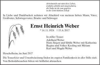 Traueranzeige von Ernst Heinrich Weber von  Gießener Anzeiger