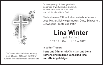 Traueranzeige von Lina Winter von Trauerportal Echo Online