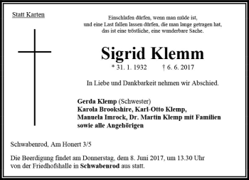Traueranzeige von Sigrid Klemm von VRM Trauer