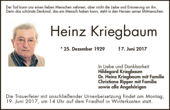 Traueranzeige von Heinz Kriegbaum von Trauerportal Echo Online