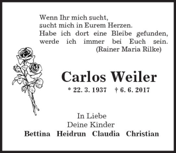 Traueranzeige von Carlos Weiler von Trauerportal Rhein Main Presse
