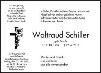 Traueranzeige von Waltraud Schiller von  Camberger Anzeiger