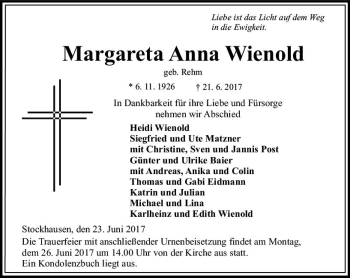 Traueranzeige von Margareta Anna Wienold von VRM Trauer