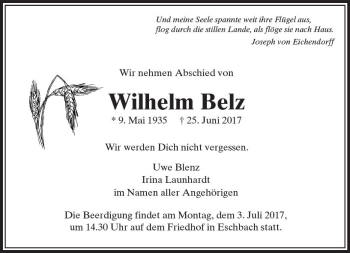 Traueranzeige von Wilhelm Belz von  Usinger Anzeiger