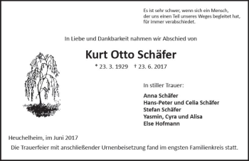 Traueranzeige von Kurt Otto Schäfer von  Gießener Anzeiger