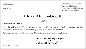 Traueranzeige von Ulrike Müller-Goerth von Trauerportal Rhein Main Presse