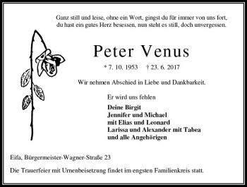 Traueranzeige von Peter Venus von VRM Trauer