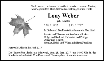 Traueranzeige von Lony Weber von  Gießener Anzeiger