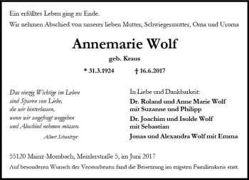 Traueranzeige von Annemarie Wolf von Trauerportal Rhein Main Presse