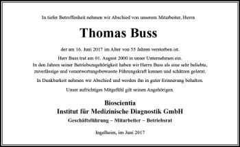 Traueranzeige von Thomas Buss von Trauerportal Rhein Main Presse