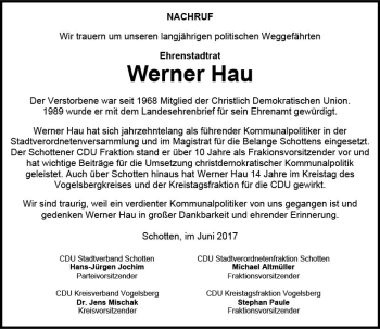 Traueranzeige von Werner Hau von  Kreisanzeiger