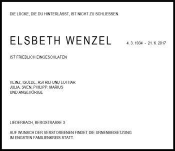 Traueranzeige von Elsbeth Wenzel von VRM Trauer