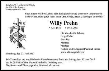Traueranzeige von Willy Prehn von  Gießener Anzeiger