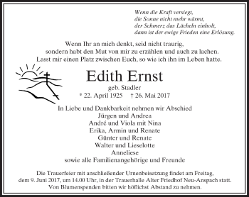 Traueranzeige von Edith Ernst von  Usinger Anzeiger Traueranzeige von Edith Ernst von  Usinger Anzeiger