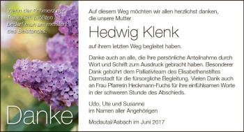 Traueranzeige von Hedwig Klenk von Trauerportal Echo Online