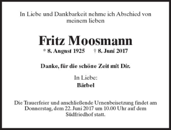 Traueranzeige von Fritz Moosmann von Trauerportal Rhein Main Presse