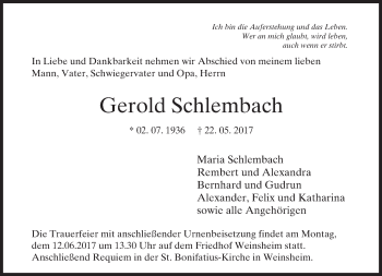 Traueranzeige von Gerold Schlembach von Trauerportal Rhein Main Presse