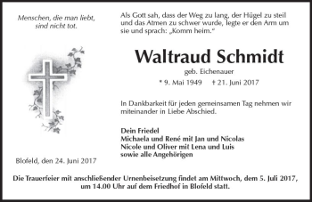 Traueranzeige von Waltraud Schmidt von  Kreisanzeiger