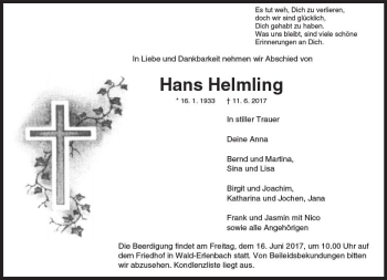 Traueranzeige von Hans Helmling von Trauerportal Echo Online