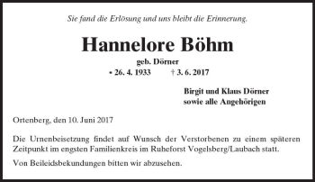 Traueranzeige von Hannelore Böhm von  Kreisanzeiger