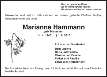 Traueranzeige von Marianne Hammann von Trauerportal Echo Online