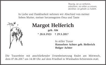 Traueranzeige von Margot Helferich von Trauerportal Rhein Main Presse