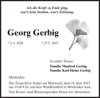 Traueranzeige von Georg Gerbig von Trauerportal Echo Online