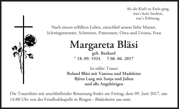 Traueranzeige von Margareta Bläsi von Trauerportal Rhein Main Presse