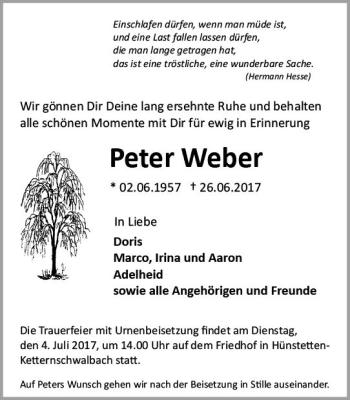 Traueranzeige von Peter Weber von  Camberger Anzeiger
