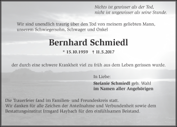 Traueranzeige von Bernhard Schmiedl von Trauerportal Rhein Main Presse