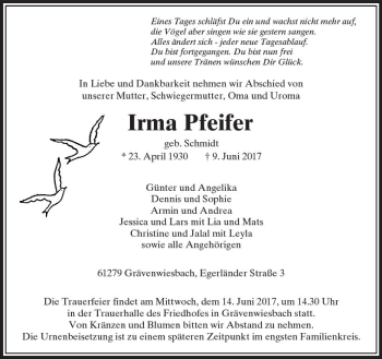 Traueranzeige von Irma Pfeifer von  Usinger Anzeiger
