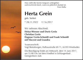 Traueranzeige von Herta Grein von Trauerportal Rhein Main Presse