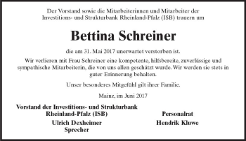 Traueranzeige von Bettina Schreiner von Trauerportal Rhein Main Presse